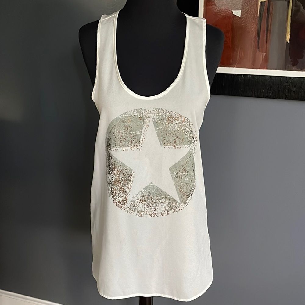 Stranded white crepe gray/metallic copper star logo long racerback tank. Small.